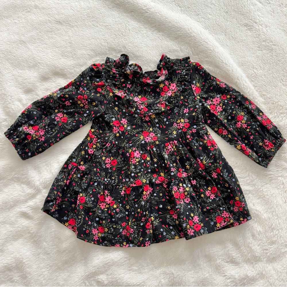 Cat & Jack Floral Ruffle Mock Neck Long Sleeve Dress Black Size 12 Months